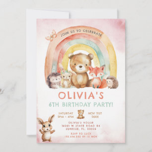 Woodland Animals Rainbow Floral Birthday Invitation