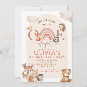Woodland Animals Rainbow Onederful Birthday Invitation