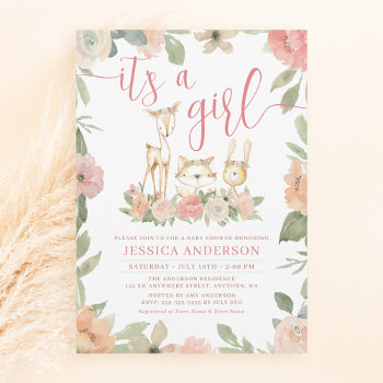 Woodland Animals Rustic Floral Girl Baby Shower Invitation by printcreekstudio at Zazzle