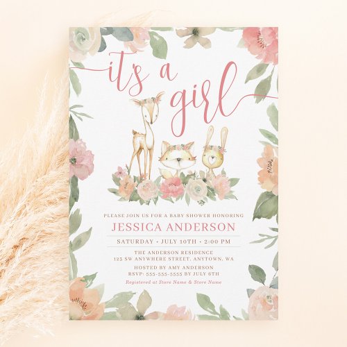 Woodland Animals Rustic Floral Girl Baby Shower Invitation