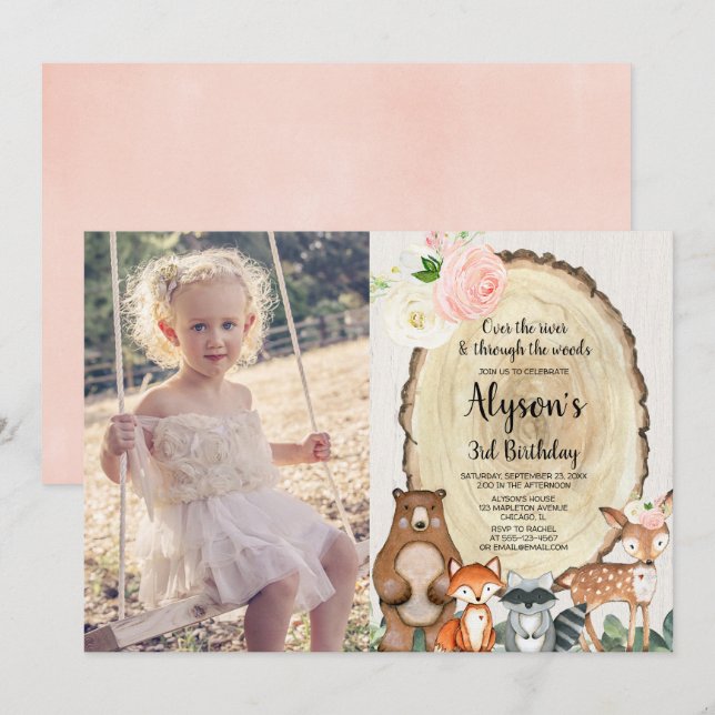 Woodland animals rustic floral girl birthday photo invitation (Front/Back)