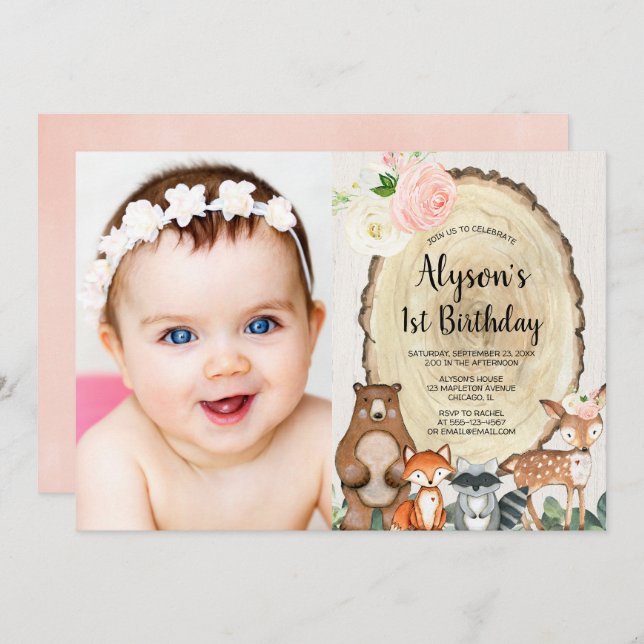 Woodland animals rustic floral pink greenery girl invitation (Front/Back)