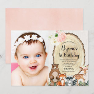 Woodland animals rustic floral pink greenery girl invitation
