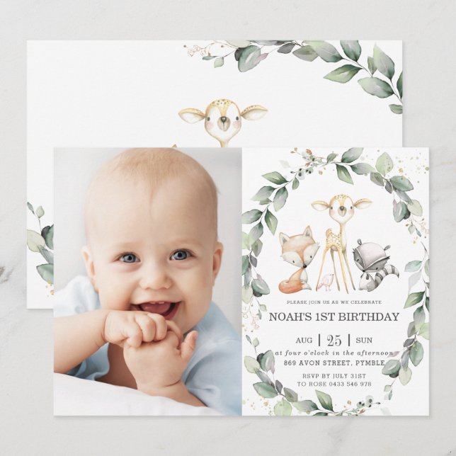 Woodland Animals Rustic Greenery Birthday Photo Invitation (Front/Back)