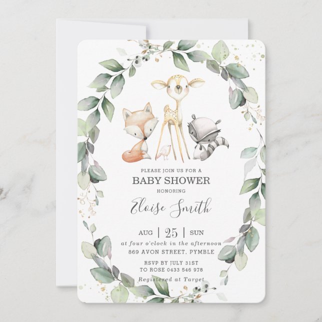 Woodland Animals Rustic Greenery Leafy Baby Shower Invitation (Front)