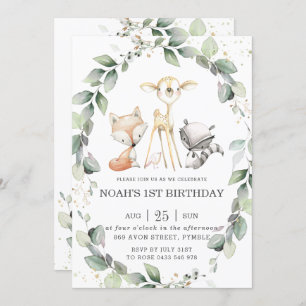 Woodland Animals Rustic Greenery Leafy Birthday Invitation