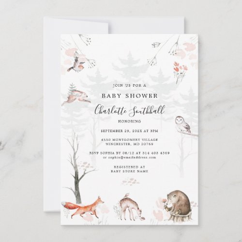 Woodland Animals Rustic Script Baby Shower Invitation