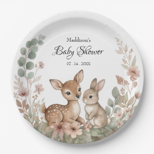 Woodland Animals Sage Green Baby Shower Paper Plates