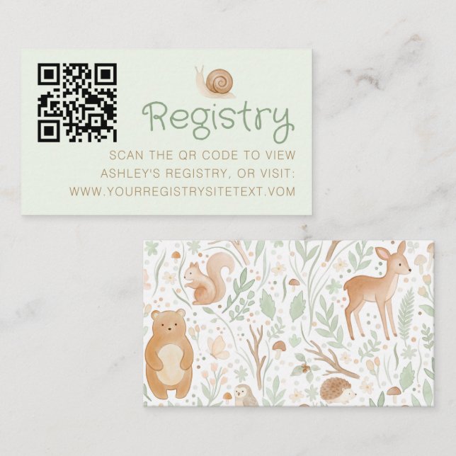 Woodland Animals Sage Green Beige QR Code Registry Enclosure Card (Front/Back)