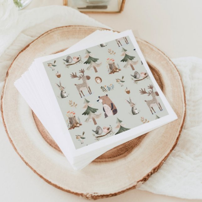 Woodland animals sage green rustic Baby Shower Napkins (Creator Uploaded)