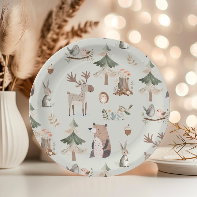 Woodland animals sage green rustic Baby Shower Paper Plates (Creator Uploaded)