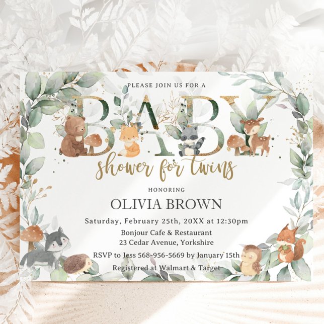 Woodland Animals Sage Greenery Twins Baby Shower Invitation (Creator Uploaded)