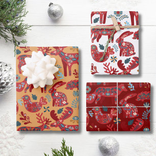 Woodland Animals Scandinavian Folk Art Christmas Wrapping Paper Sheets