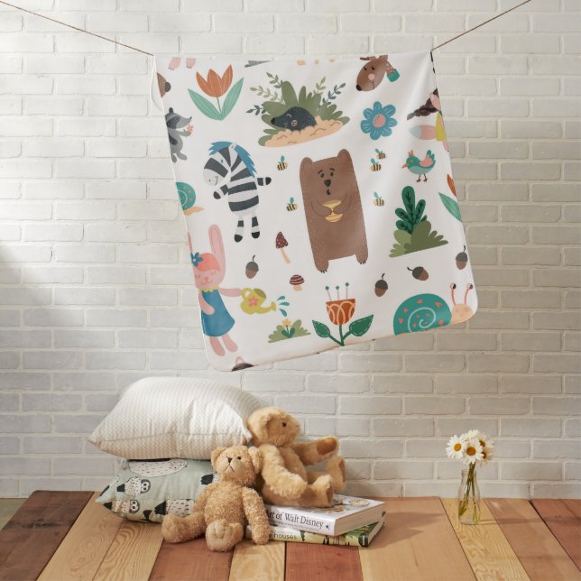Woodland Animals Scandinavian Folk Art Pattern Baby Blanket (In Situ)