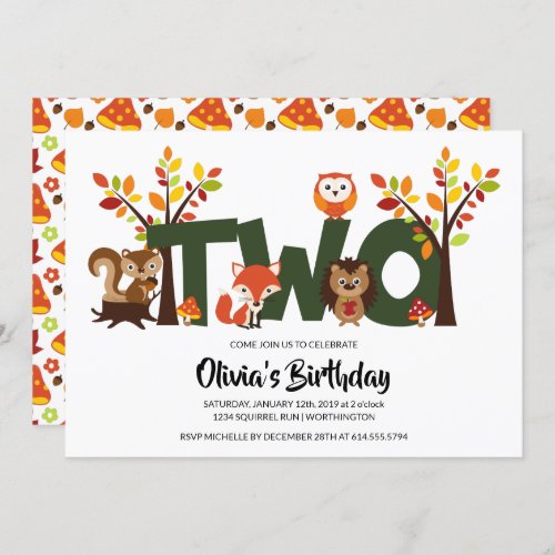 Woodland Animals Second Birthday Party Invitation