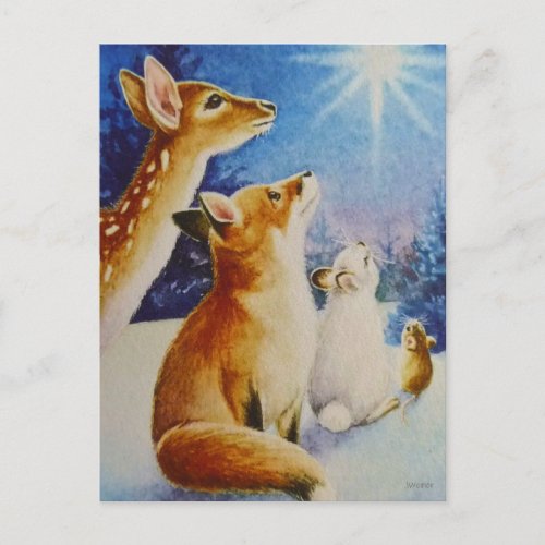Woodland Animals See Christmas Star Watercolor Art Postcard