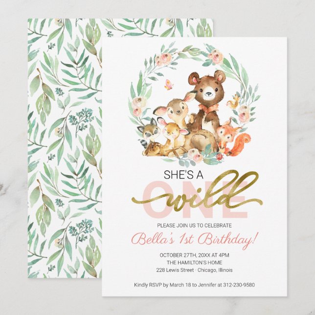 Woodland Animals She's A Wild One First Birthday Invitation (Front/Back)