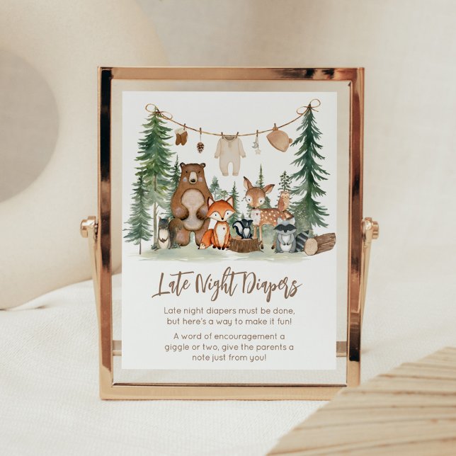 Woodland Animals Shower Late Night Diapers Sign (Woodland Animals Adventure Awaits Rustic Baby Shower Sign)