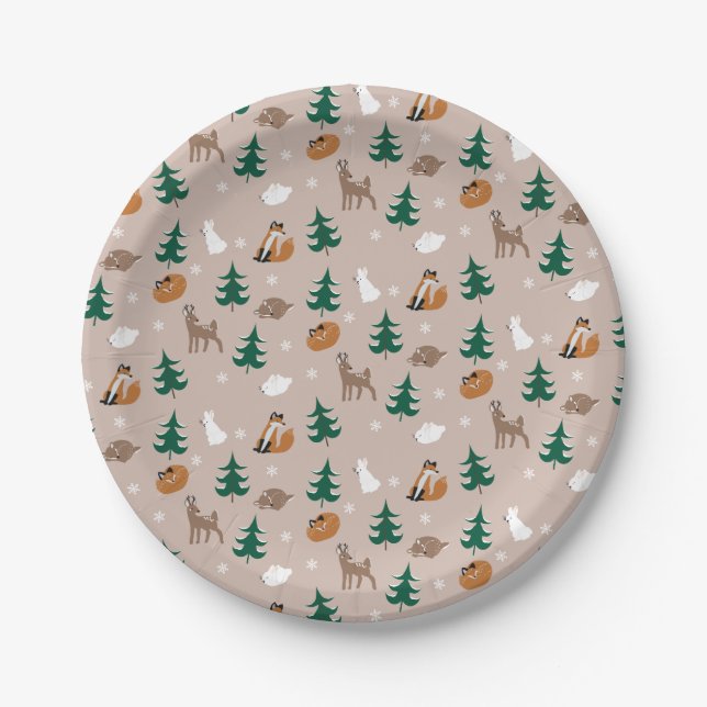Woodland Animals Snow Covered Trees Pattern Paper Plates (Front)