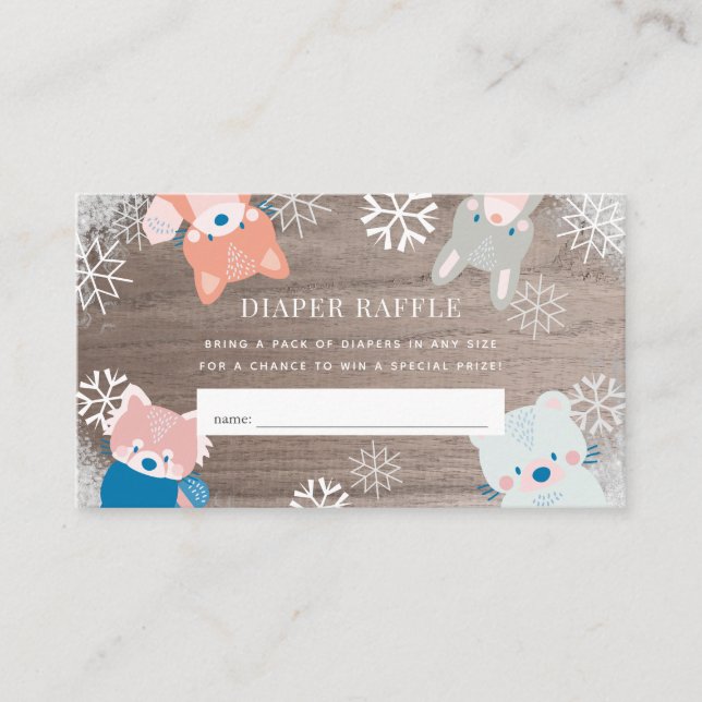 Woodland Animals Snow Pink Diaper Raffle Ticket Enclosure Card (Front)