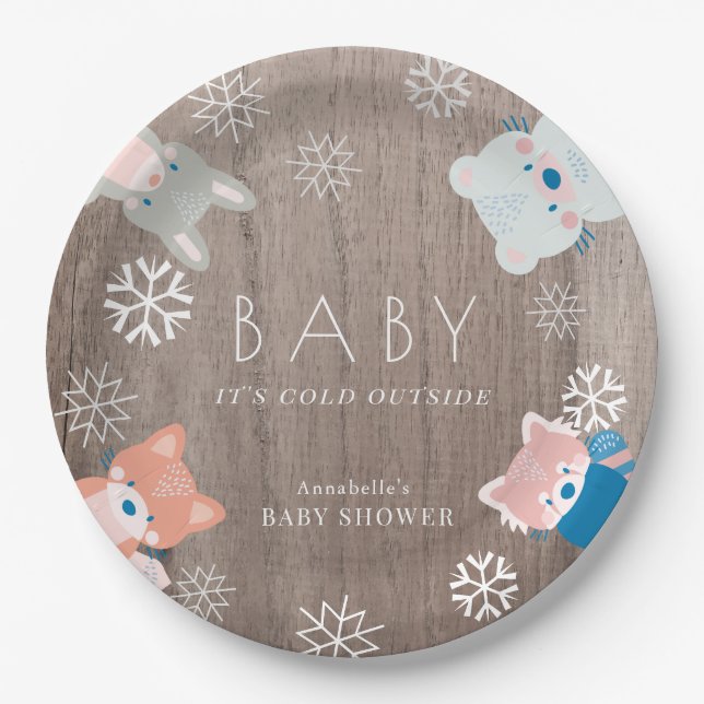 Woodland Animals Snowflake Wood Baby Shower Paper Plates (Front)