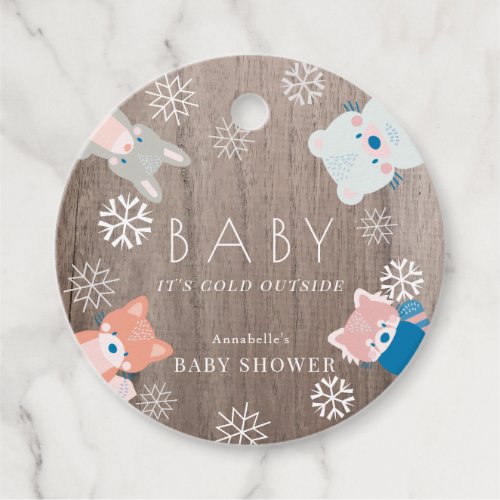 Woodland Animals Snowflake Wood Pink Baby Shower Favor Tags