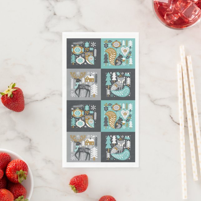 Woodland Animals Snowflakes Scandinavian Christmas Paper Guest Towels (Insitu)