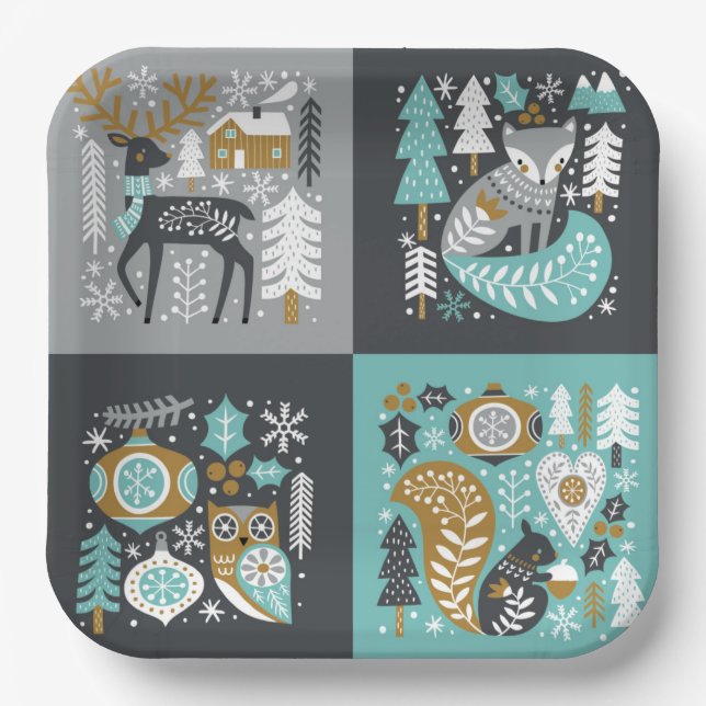 Woodland Animals Snowflakes Scandinavian Christmas Paper Plates (Front)