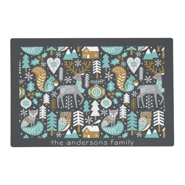 Woodland Animals Snowflakes Scandinavian Christmas Placemat (Front)