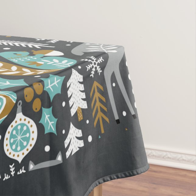 Woodland Animals Snowflakes Scandinavian Christmas Tablecloth (In Situ)