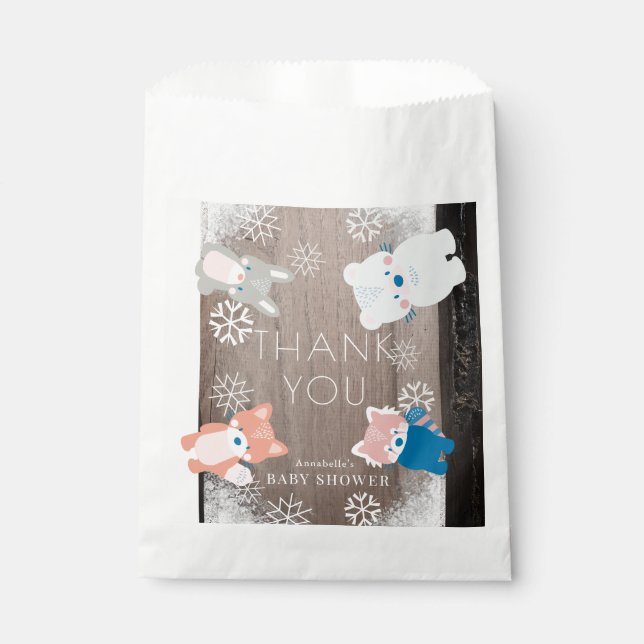 Woodland Animals Snowflakes Wood Favor Bag (Front)