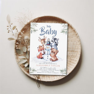 Woodland Animals Snowman Character Boy Baby Shower Invitation