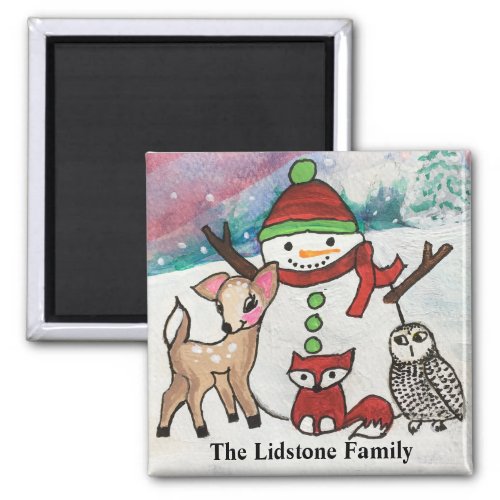 Woodland Animals Snowman Family Name Magnet