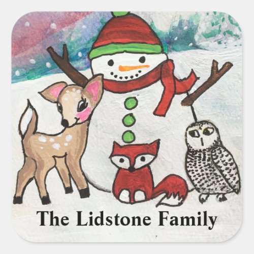 Woodland Animals Snowman Family Name Square Sticker