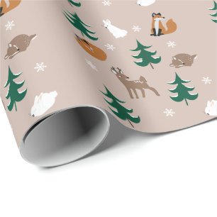 Woodland Animals Snowy Pine Trees Snowflakes Wrapping Paper
