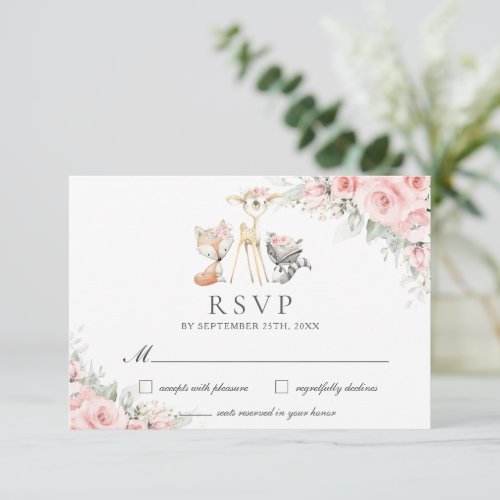 Woodland Animals Soft Blush Pink Floral Greenery  RSVP Card