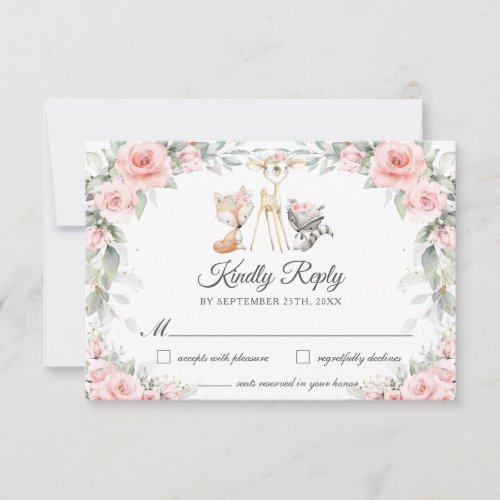 Woodland Animals Soft Blush Pink Flowers Greenery  RSVP Card