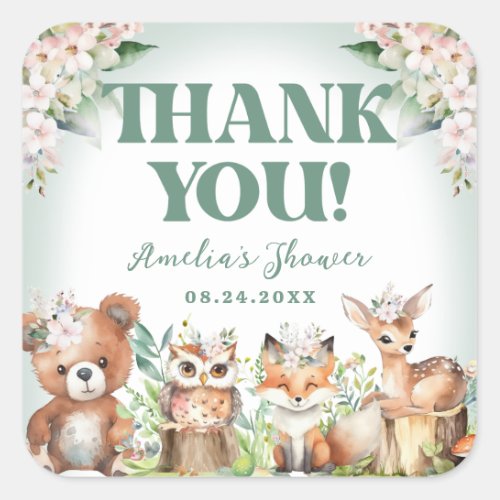 Woodland Animals Soft Green  Floral Baby Shower Square Sticker