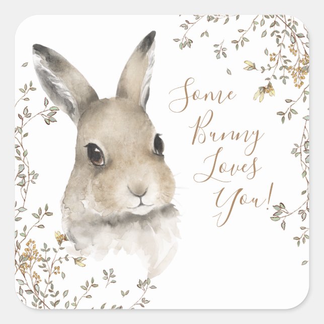 Woodland Animals Some Bunny Loves You Script Square Sticker (Front)