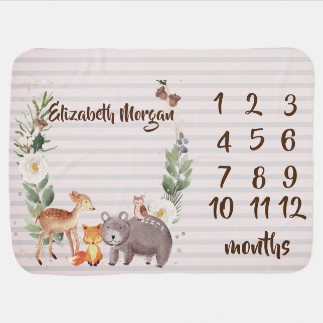 Woodland Animals Stripe Baby Girl Month Milestone  Baby Blanket (Horizontal)