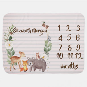 Woodland Animals Stripe Baby Girl Month Milestone  Blanket