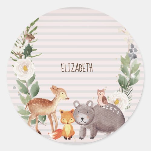 Woodland Animals Stripes     Classic Round Sticker