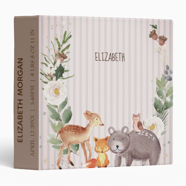 Woodland Animals Stripes  Personalized Newborn 3 Ring Binder (Front/Spine)