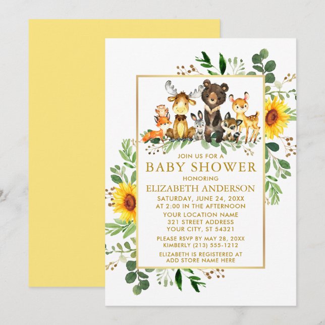 Woodland Animals Sunflowers Gold Baby Shower Invitation (Front/Back)