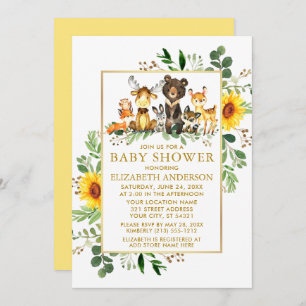 Woodland Animals Sunflowers Gold Baby Shower Invitation