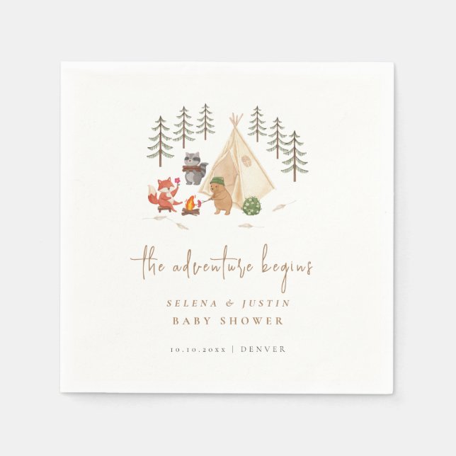 Woodland Animals The Adventure Begins Baby Shower Napkins (Front)