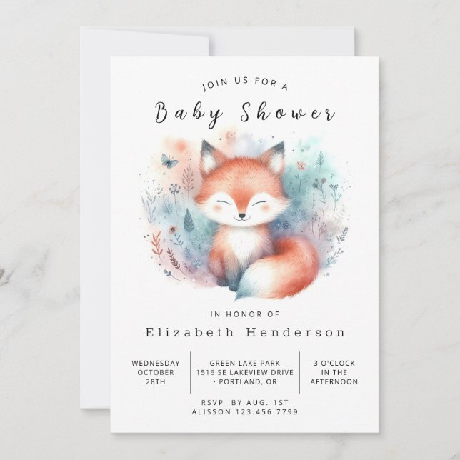 Woodland Animals Theme Fox Baby Shower Invitation (Front)