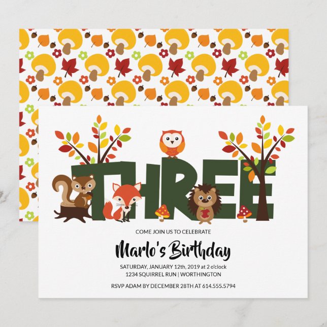 Woodland Animal's Third Birthday Party Invitation (Front/Back)