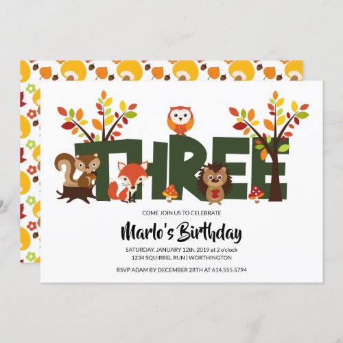 Woodland Animals Third Birthday Party Invitation