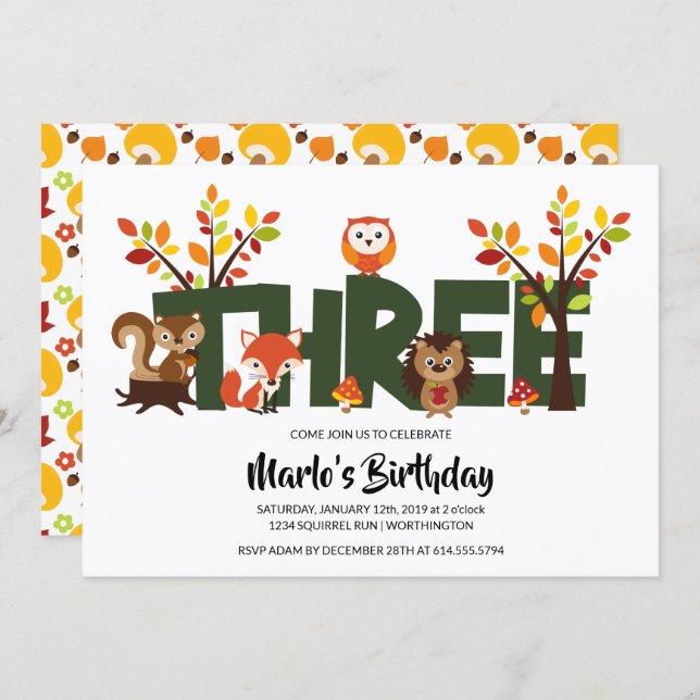 Woodland Animal's Third Birthday Party Invitation (Front/Back)